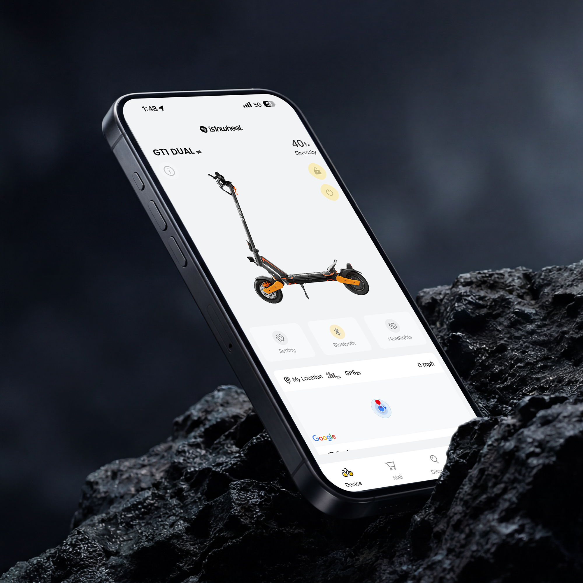App-based ride tracking and controls iSinwheel app screen for ride tracking